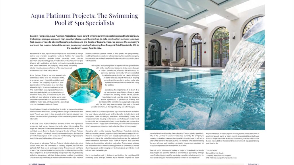 Lux Life Magazine - Aqua Platinum Projects - The Swimming Pool & Spa Specialists | Aqua Platinum Projects